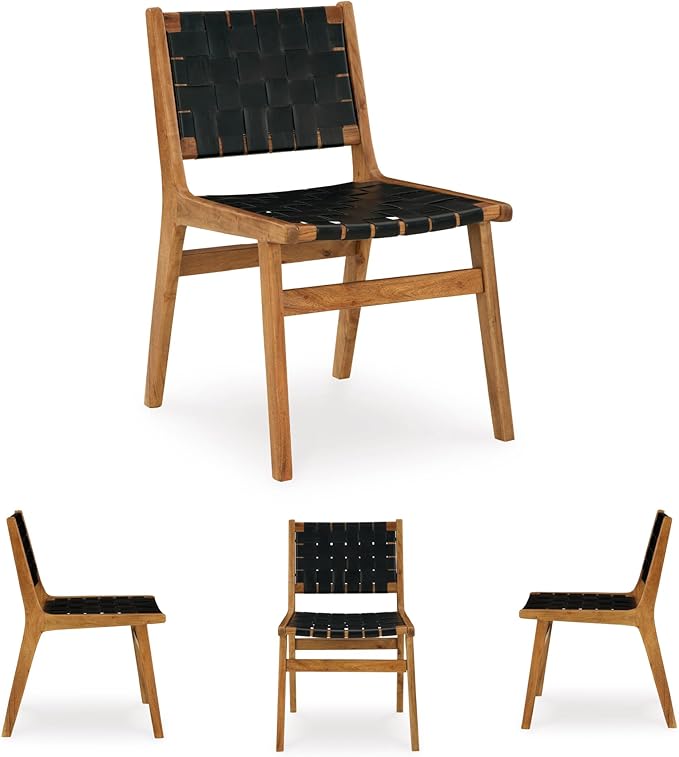 Signature Design by Ashley Fortmaine Modern Upholstered Armless Dining Chair with Open Back and Woven Leather Straps, Set of 2, Light Brown & Black