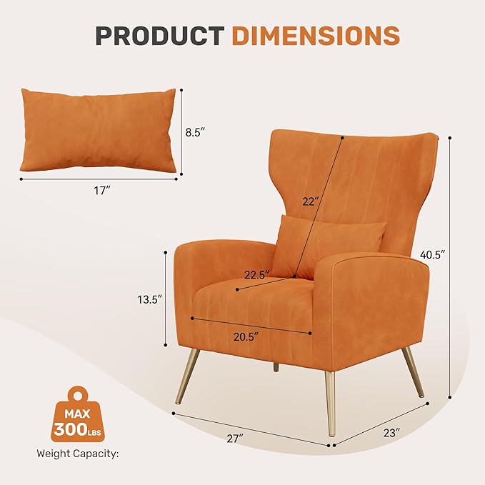 Nalupatio Modern Accent Chairs for Set of 4 Upholstered Velvet Fabric Reading Chair Mid Century Arm Chair Comfy Armchair for Living Room,Orange