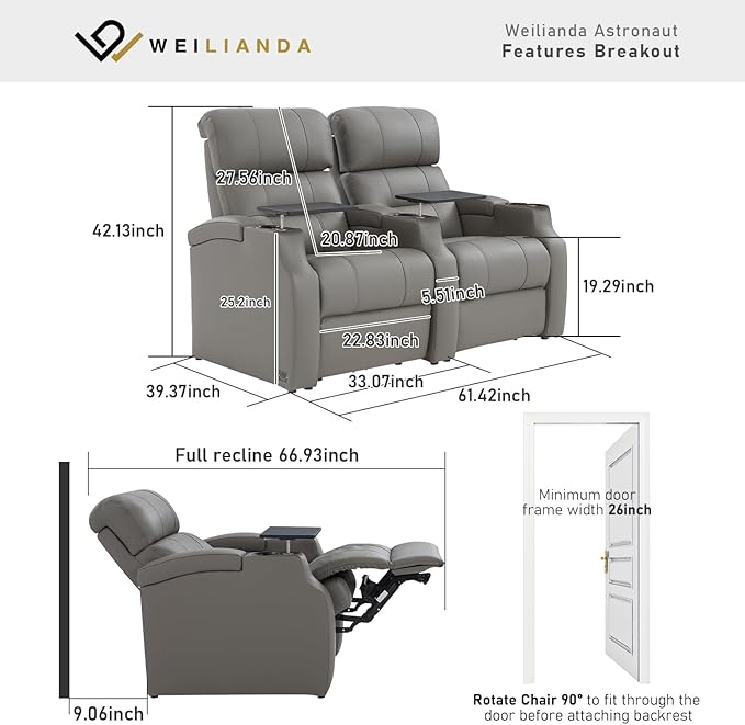 Weilianda Home Theater Seating, Top Grain Leather Sectional Seats Recliner Chair, Zero Gravity Reclining Sofa with Power Headrest 7 Colors Ambient Lighting USB C Charge Row of 2 Loveseat Grey