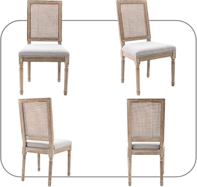 CIMOTA Farmhouse Dining Chairs Set of 2, French Rattan Dining Room Chairs with Rectangle Back/Distressed Wood Upholstered Vintage Side Chairs for Kitchen/Restaurant, Grey/2PCS