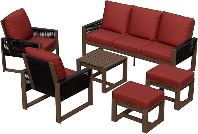 INTER HUT Rustic Hideaway Natural Cedar Wood Outdoor Furniture Set, Wicker Patio Conversation Set for Porch Garden Backyard, Couch, 2 Patio Chairs, Side Table and 2 Ottomans, 6 Piece, Brownish/Red