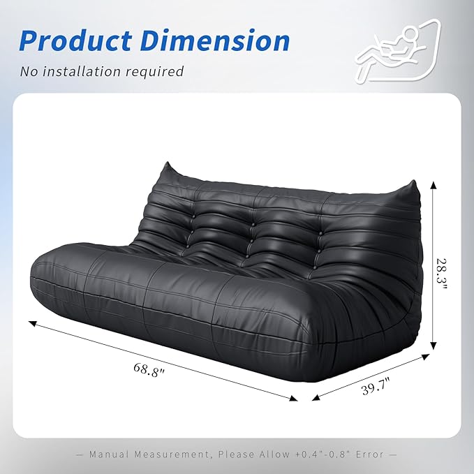 Fireside Corner Bean Bag Chairs for Adults,Comfy Lazy Floor Sofa Couch, Soft Lounge Foam-Filled Couches 3-Seater Chair for Living Room Bedroom Office,Black