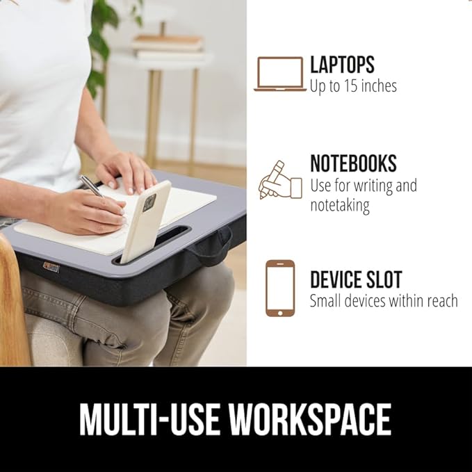 GORILLA GRIP Laptop Lap Desk with Phone Holder, Pillow Cushion Desks Fit Laptops up to 15.6", Tray Ledge Keep Computers in Place, Portable Travel Workstation Essentials for Home, Dorm Room, Gray