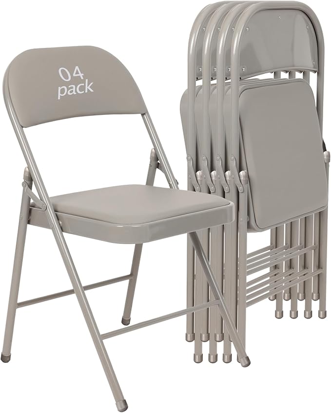 4 Pack Gray Padded Folding Chairs Set - Comfortable Stackable Portable Chairs for Indoor Outdoor, Events, Parties, Office, Wedding (PU Leather, Slate Gray,School Chair)