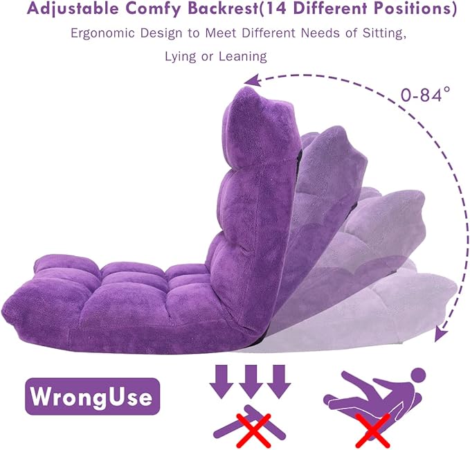 Giantex Floor Chairs for Adults - Floor Gaming Chair with Back Support, Coral Velvet, 14 Adjustable Position, Thick Sponge Padding, Floor Seating Lounge for Reading, Watching TV, Meditation (Purple)