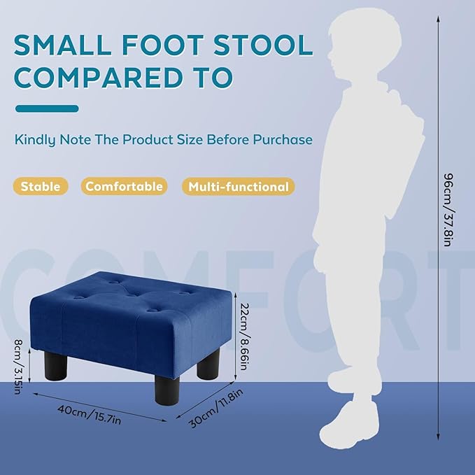 FIMIVIBI Small Foot Stool Ottoman, Velvet Footstool Ottoman Foot Rest for Couch, Rectangle Footstools and Ottomans Small for Living Room, Entryway and Bedroom (Blue)