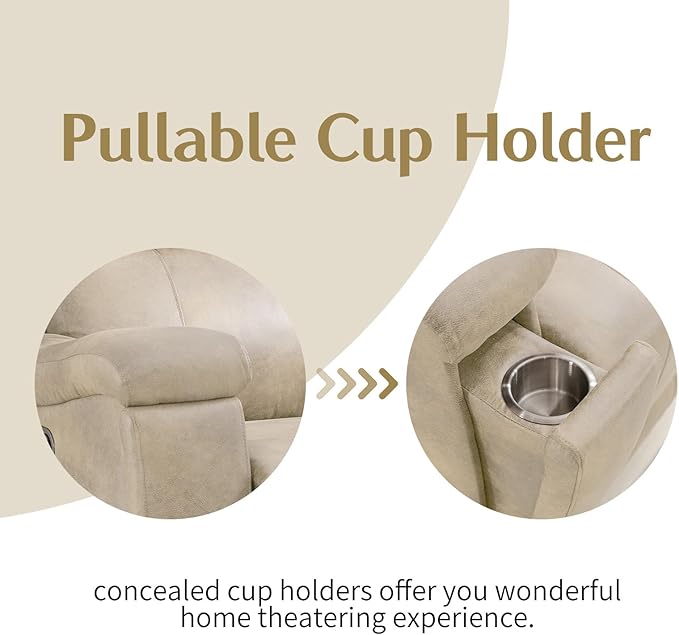 CANMOV Leather Recliner Chair, Classic and Traditional Manual Recliner Chair with Overstuffed Arms and Back, Manual Single Sofa with Concealed Cup Holders,Beige