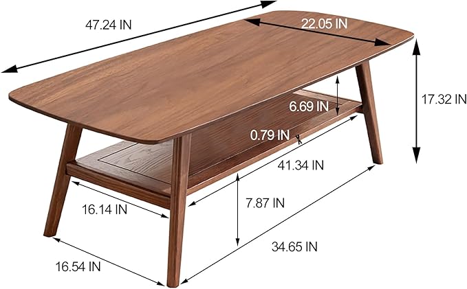 HanStrong 47.24" Center Coffee Table 100% Solid Wood Top Plate Desk Study Desk Work from Home with Storage Shelf,Walnut