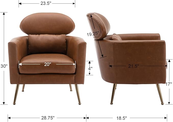 DM Furniture Brown Accent Chair PU Leather Upholstered Living Room Chairs Mid Century Modern Arm Chair w/Golden Legs for Bedroom/Reading/Lounge/Reception