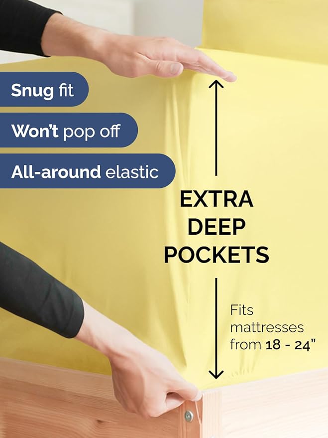 Extra Deep Pocket King Sheets - 4 Piece Breathable & Cooling Bed Sheets - Hotel Luxury Bed Sheet Set - Soft, Wrinkle Free & Comfy - Easily Fits Extra Deep Mattresses - Deep Pocket Yellow Sheets Set