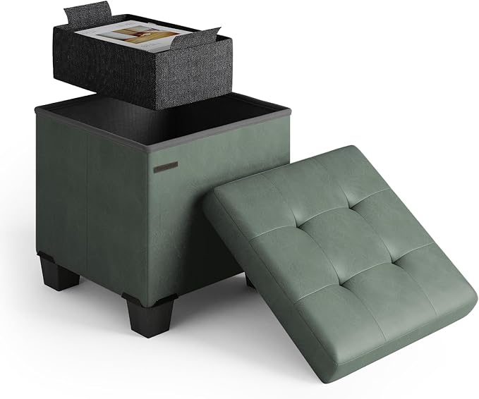 Storage Ottoman Cube with Small Bin, 16-in Square Ottoman with Storage for Living Room and Bedroom, Small Ottomans Foot Rest, Faux Leather Foot Stools Ottomans Max 330lbs, Green