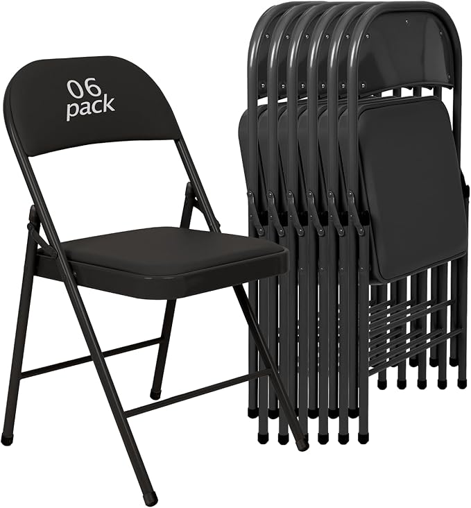 6 Pack Black Padded Folding Chairs Set - Comfortable Stackable Portable Chairs for Indoor Outdoor, Events, Parties, Office, Wedding (PU Leather, Classic Black,School Chair)