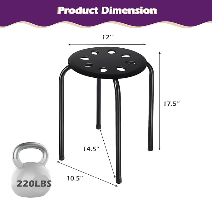 POWERSTONE Stackable Stools Set of 6, 17.5in Portable Stacking Bar Stool Black Classroom Stools with Iron Legs Round Nesting Chairs Flexible Seating for Home Office School