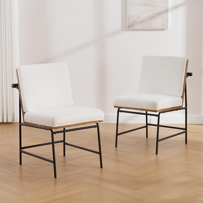 LukeAlon Mid Century Sherpa Dining Chairs Set of 4, Upholstered Square Back Kitchen Chairs with Metal Legs Armless Parsons Chairs with Wood Frame for Dining Room Reception Room, White