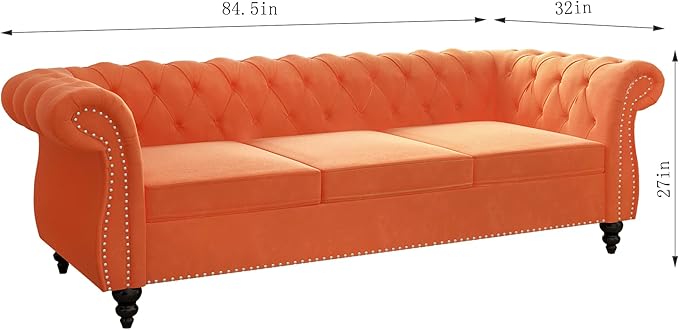 QHITTY Accent Large Sofa, Chesterfield Couch 3 Seater Modern Velvet Couch Upholstered Sofa with Tufted Back for Living Room Furniture (Orange)