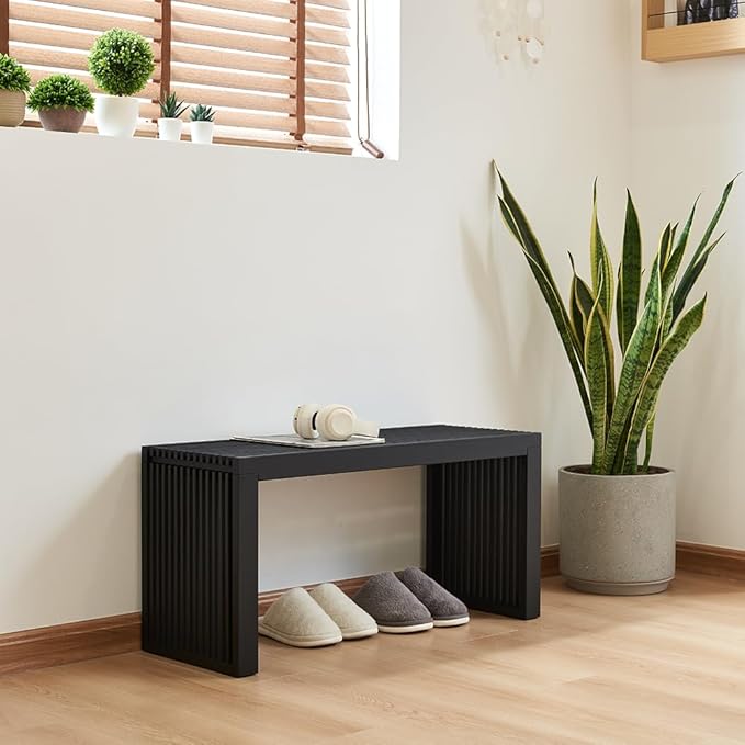 Berkvee Versatile Wooden Slatted Bench - Sleek Modern Design for Dining, Entryway, Bedroom - Indoor Use with Storage Capability for Home, Kitchen, Bathroom & Beyond (Black)