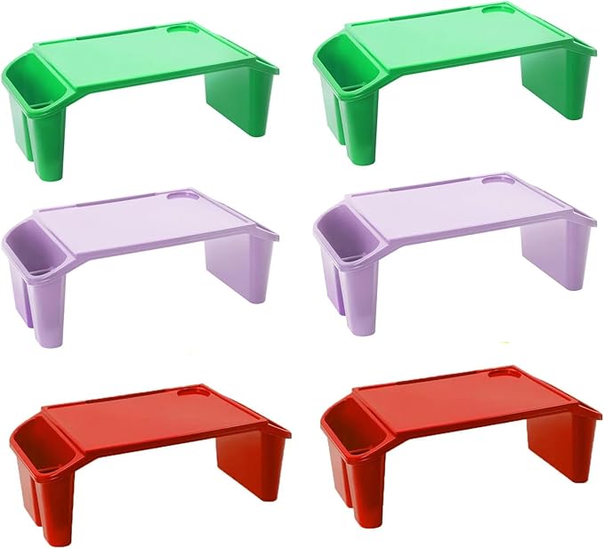 6 Pcs Kids Lap Desk Tray, Plastic Breakfast Lap Desk Trays with Storage Slots, Portable Stackable Lap Tray Tables for Writing Drawing Classroom, 19.69" L x 9.84" W x 7.1" H (Red+Green+Purple)