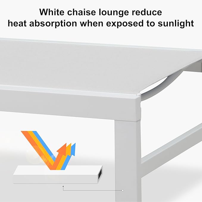 PURPLE LEAF Outdoor Chaise Lounge Chairs Set of 2 White Aluminum Lounge Chair Five-Position Adjustable Chaise with Wheels and Table for Pool Deck Patio, Ivory