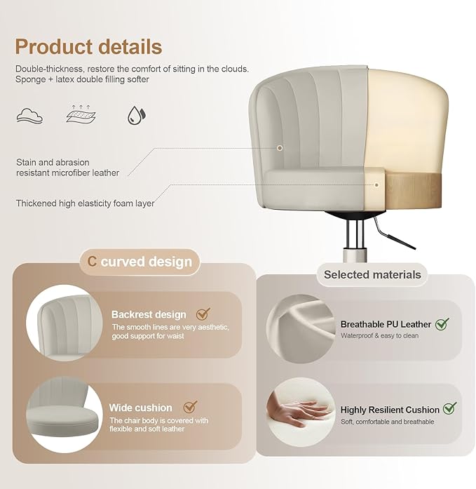 HDHNBA Small Desk Chair Round Rolling Chair with Back PU Leather Height Adjustable Swivel Vanity Work Computer Stool Chair for Home Office Bedroom, Set of 2