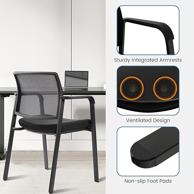 CLATINA Guest Reception Stacking No Wheels Desk Chair, Mesh Back Waiting Room Chairs with Arm Upholstered Fabric Seat and Ergonomic Lumbar Support for Office Conference School Church, Black (8 Pack)