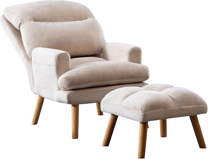 IOMOR Accent Chair with Ottoman Comfy Reading Chair Armchair with Adjustable Backrest and Side Pockets Soft Fabric Leisure Sofa for Bedroom, Living Room, Dorm Rooms, Garden, Beige