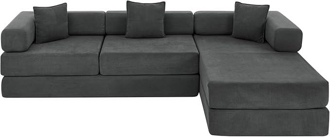 108" Convertible Sleeper Sofa Bed, Corduroy Folding Sofa Bed with Fixed-Shape Frame, Fold Out Floor Mattress Couch, Lazy Compression Sofas for Living Room, Bedroom, No Assembly Required,Grey