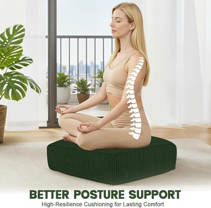PRIMEPATIO Floor Pillow for Adults, 8" Square Floor Cushions with Washable Cover, Large Corduroy Meditation Pillow, 22 inches Tatami Seat with Handle for Living Room or Yoga, Green