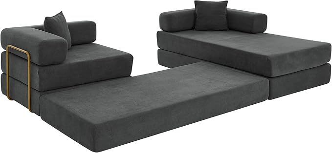108" Convertible Sleeper Sofa Bed, Corduroy Folding Sofa Bed with Fixed-Shape Frame, Fold Out Floor Mattress Couch, Lazy Compression Sofas for Living Room, Bedroom, No Assembly Required,Grey