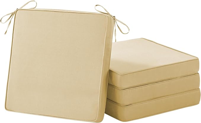 Patio Chair Cushions, 19" x 19" x 3" Outdoor Chair Cushions Set of 4, Waterproof Outdoor Cushions for Patio Furniture, Outdoors Seat Cushions Set of 4 with Handle and Ties, Light Khaki
