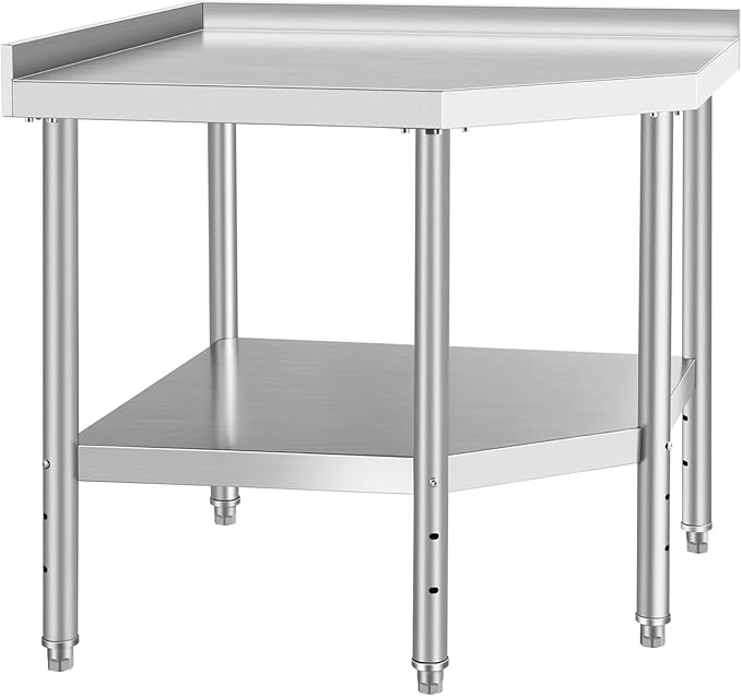 Commercial Stainless Steel Corner Work Table – NSF Approved with Splash Guard & Adjustable Shelf, Heavy Duty Kitchen Prep Bench for Restaurant & Home Use, Silver