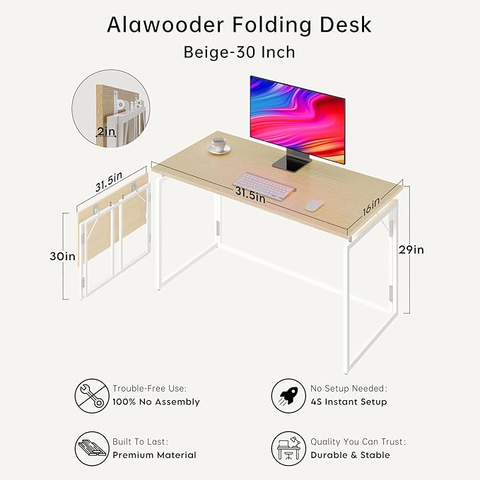 Folding Desk - 31.5" Wood Top Foldable Desk for Small Spaces | No Assembly Required Compact Desk for Home Office, Writing, and Study
