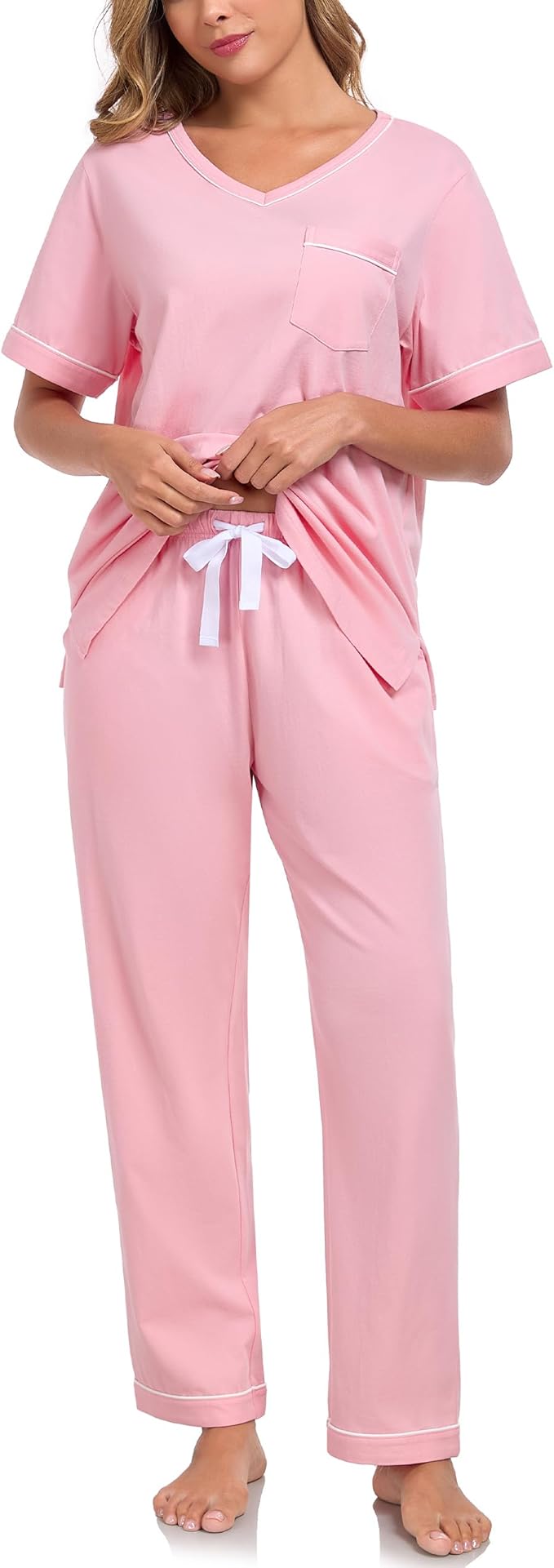 CF Women's 100% Cotton Pajama Sets Soft Short Sleeve Tops & Pants Comfy Sleepwear 2 Piece Lounge set with Pockets Loungewear