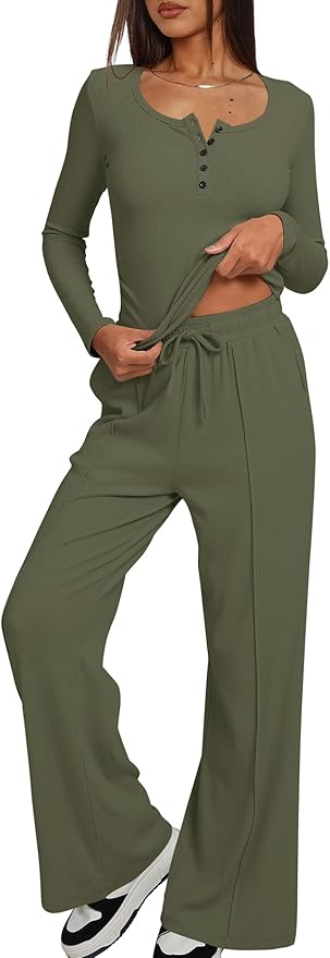 Darong Womens 2 Piece Matching Lounge Sets 2026 Long Sleeve Henley Shirts Wide Leg Pants Airport Travel Outfits