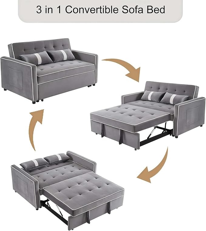 3 in 1 Convertible Loveseat Sleeper Sofa, Modern Futon Couch with Adjustable Backrest, Pull Out Sofa Bed Upholstered for Living Room Bedroom Apartment Small Space (Grey)