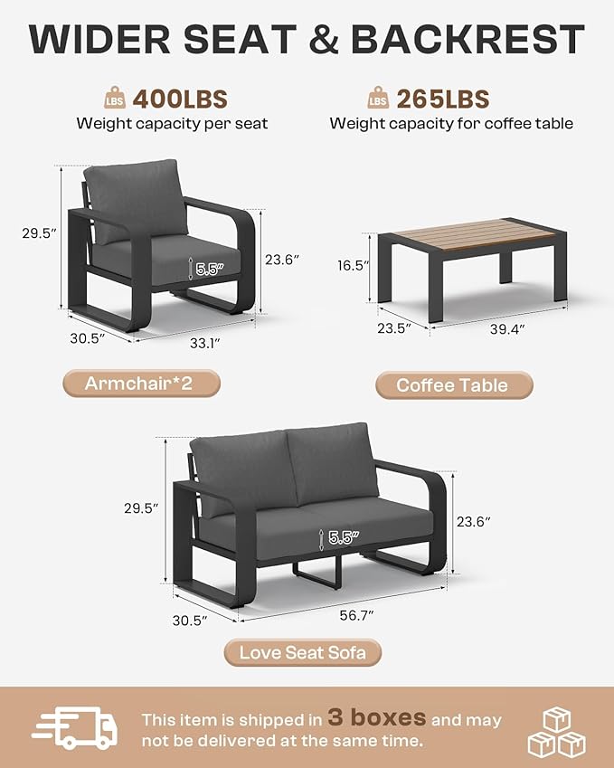Aluminum Outdoor Sofa Bistro Set, Oversized Patio Conversation Sets Widened Armrest & Ultra-Thick Cushions, Deep Seating Patio Furniture Set for Backyard, Porch, Graphite