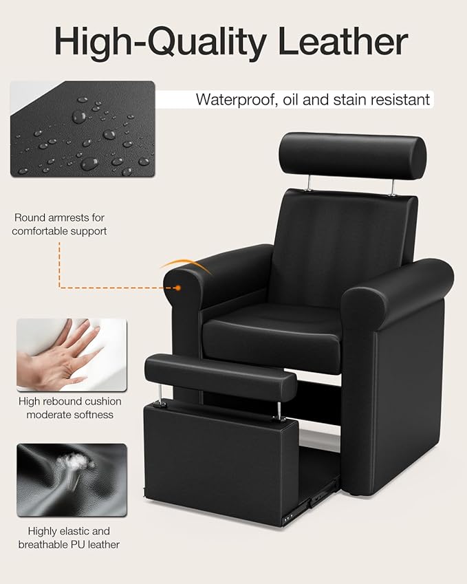 VARONXE Pedicure Chair No Plumbing, Professional Reclining Pedicure Station for Nail Tech, Foot Spa Unit w/Adjustable Footrest & Headrest, Pull-Out Base for Small Space, Black