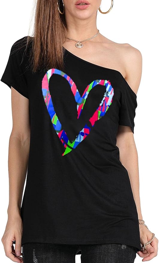 MAGICMK Women’s Short Lips Print Causal Off The Shoulder Plus Size T-Shirt Tops