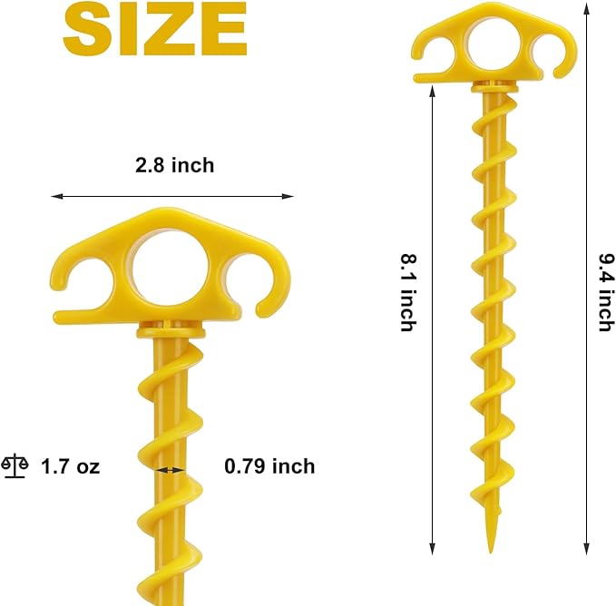 COBARYEN Tent Stakes Ground Anchors Screw in, 6 Pack Sand Stakes for Beach 9.4 Inch Heavy Duty Spiral Tent Pegs for Camping, Party, Hiking, Outdoor Decoration (6, Yellow)