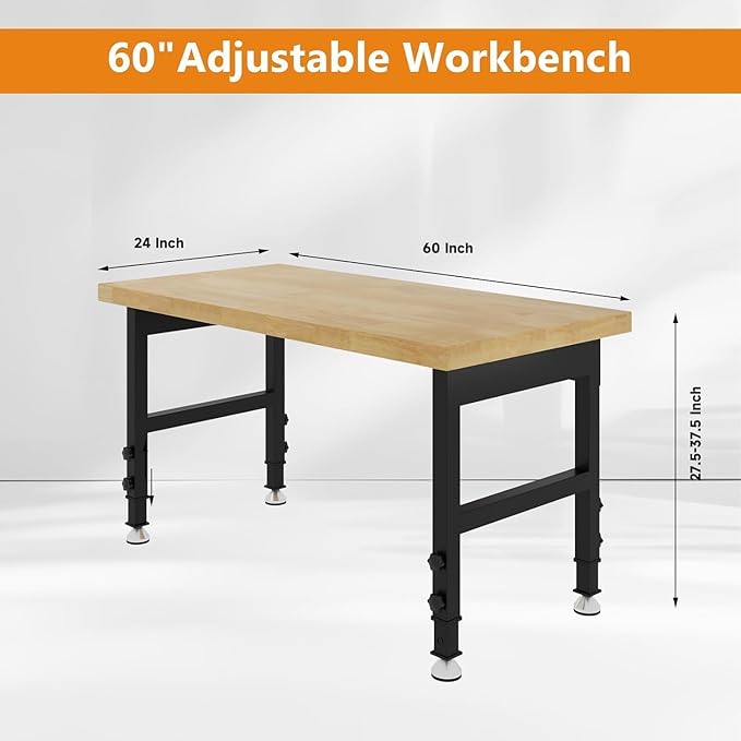60" Heavy Duty Work Bench, Adjustable Height Workbench, 2000 LBS Load Capacity Work Table for Garage, Workshop, Office, Home