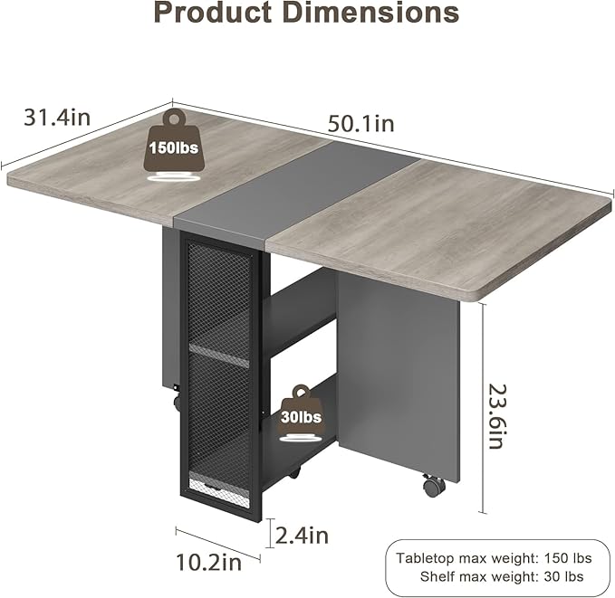 IDEALHOUSE Folding Dining Table, Drop Leaf Dining Table with 6 Wheels and 2-Layer Storage Shelf, Space Saving Kitchen Table for Small Spaces (Slate Oak, 50.1" D x 31.4" W x 29.5" H)