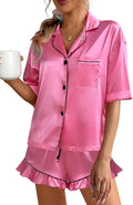 CHYRII Women's Silk Satin Pajamas Two Piece Pj Sets Short Sleeve Tops Ruffled Shorts Sleepwear with Magnetic Diffuser