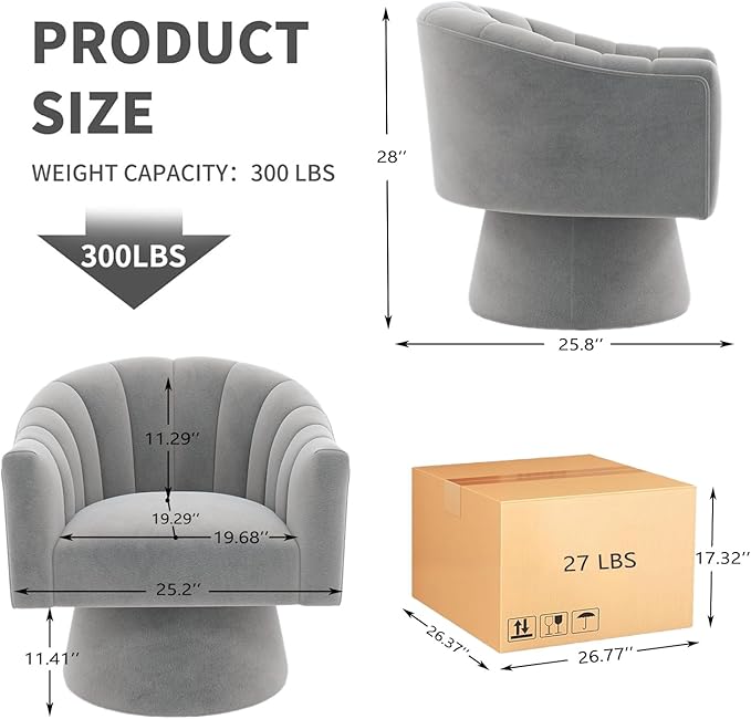 Swivel Accent Chair,Upholstered Velvet 360° Swivel Barrel Chair for Living Room Overstuffed Bouncle Reading Chair Round Armchair for Bedroom,Vanity,Office(Grey)