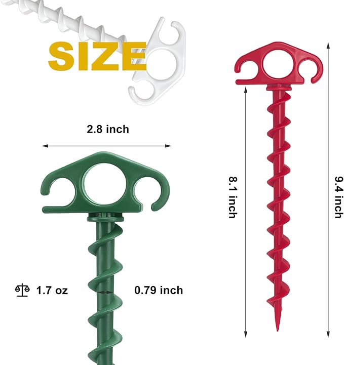 COBARYEN Plastic Inflatable Stakes, Tent Stake 6 Pack Sand Stakes for Beach 9.4 Inch Heavy Duty Spiral Yard Stakes for Camping, Party and Outdoor Halloween Christmas Decorations (6, Red+Green+White)