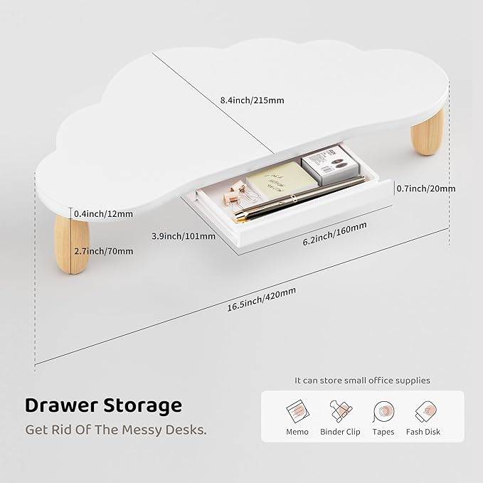 AFOOYO Cloud-Shaped Sturdy Wood Computer Monitor Stand Riser With Drawer, Multi-Purpose Desktop Organizer