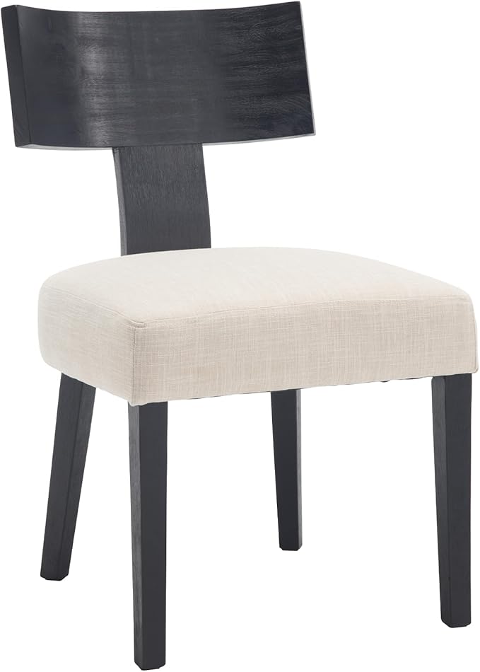 DM Furniture Farmhouse Dining Chairs Set of 2, Linen Fabric Upholstered Kitchen Chairs with Black Distressed Wooden Legs, Comfy Armless Side Chairs for Dining Room/Restaurant, Beige-Black Legs