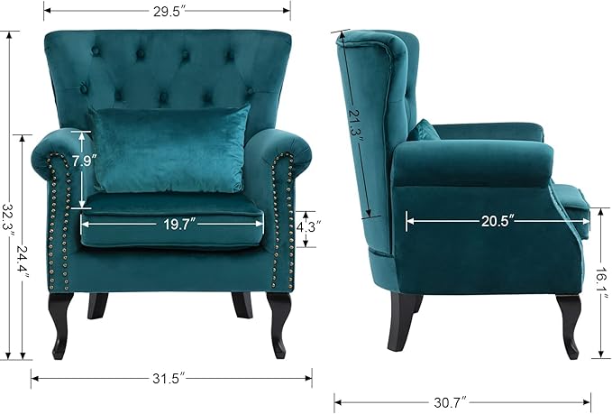 Janoray Mid Century Modern Accent Chair Upholstered Armchair Comfy Velvet Fabric Single Sofa with Tufted Wingback for Small Spaces Bedroom Living Room, Teal