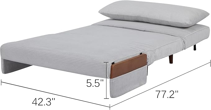 CITTANEO 42" Convertible Sleeper Chair, 3-in-1 Chair Bed Sleeper for Adults with Adjustable Backrest, Pillow & Wooden Arms, Loveseat Sofa Bed for Apartment, Office, Light Gray