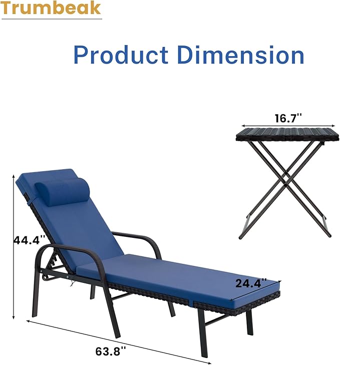 Trumbeak Patio Chaise Lounge Set 3 Pieces Pool Lounge Chairs,Cushioned Outdoor Folding Lounge Chair w/Arm and Rattan Adjustable Backrest for Poolside Porch,Folding Table Included,NavyBlue