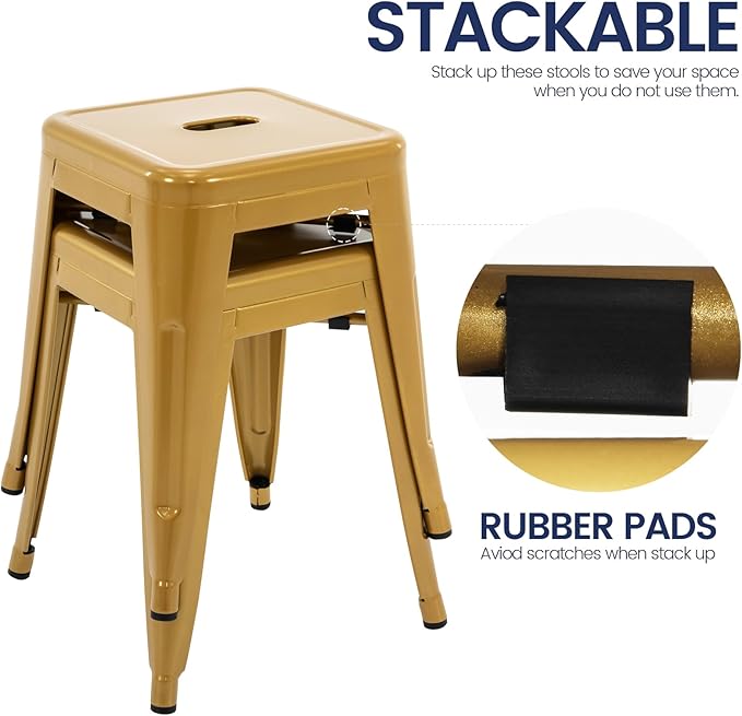 Brage Living 18 Inch Industrial Metal Stools Set of 2, Stackable Classroom Stools, Backless Metal Dining Chairs for Indoor Outdoor, Kitchen Short (Mustard Yellow)