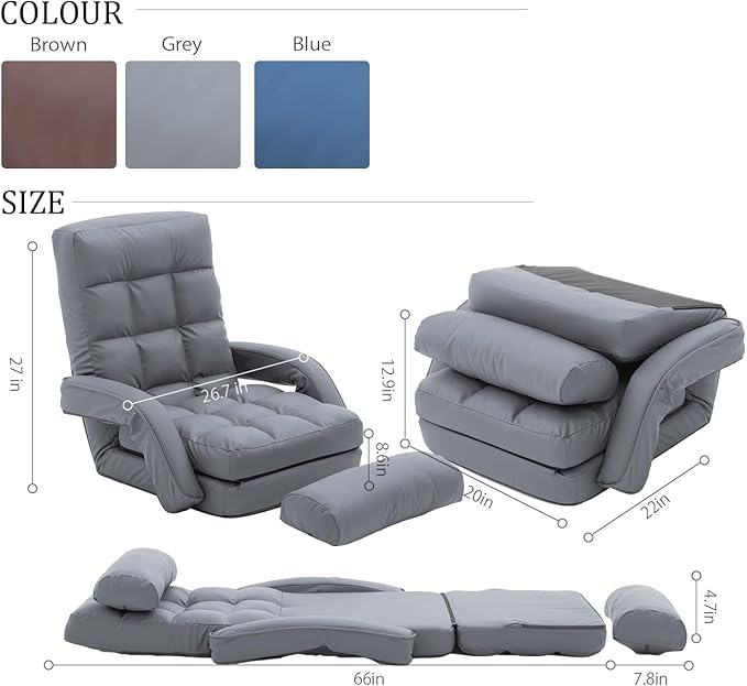 FLOGUOR 14-Position Adjustable Floor Chair, Chaise Lounge Indoor, Folding Lazy Sofa with Armrests and a Pillow Padded Adults Gaming Chairs for Living Room, Bedroom Factory Price,8803 (Grey（PU）)